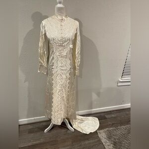 Vintage Victorian mock neck ivory cottagecore satin lace wedding dress